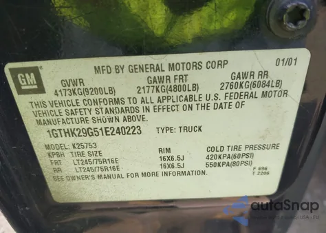 2001 GMC Sierra 2500Hd Sle из США, поврежденный, VIN 1GTHK29G51E240223